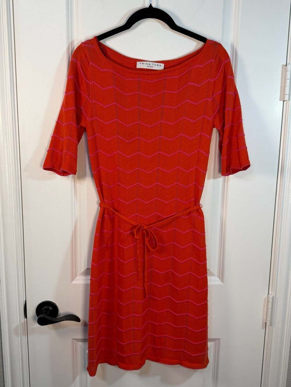 Trina Turk Orange & Pink Chevron Knit Belted Sheath Dress